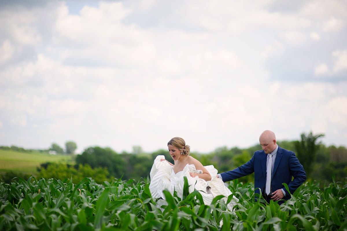 Bride and groom in a corn field
